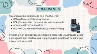 COMPONENTES
Su composición está basada en 4 monómeros:
UDMA (Dimetacrilato de uretano)
DCP (Dimetacrilato de triciclodecariodimetanol)
UDMA ALIFÁTICO AROMÁTICO
PEG-400-DMA (Polietilenglicol400 dimetacrilato)
Propios de un composite, sin embargo carece de un agregado ácido
o de agua lo que conlleva que no tendrá una propiedad de adhesión
a la estructura dental.
 