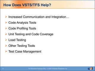 How Does VSTS/TFS Help? Increased Communication and Integration… Code Analysis Tools Code Profiling Tools Unit Testing and Code Coverage Load Testing Other Testing Tools Test Case Management 