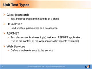 Unit Test Types Class (standard) Test the properties and methods of a class Data-driven Bind unit test parameters to a datasource ASP.NET Test classes (or business logic) inside an ASP.NET application  Run in the context of the web server (ASP objects available) Web Services Define a web reference to the service 