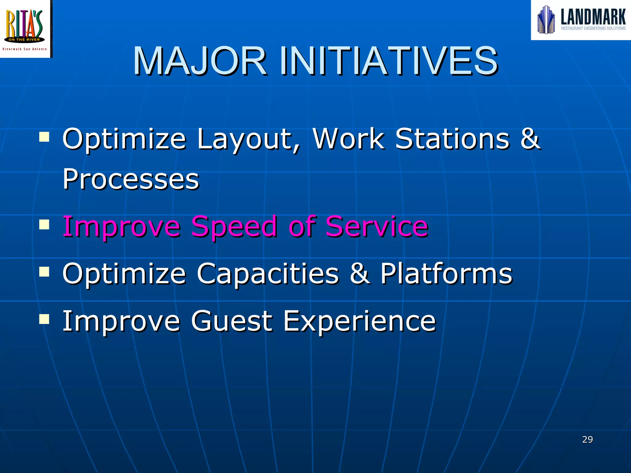 MAJOR INITIATIVES Optimize Layout, Work Stations & Processes Improve Speed of Service Optimize Capacities & Platforms   Improve Guest Experience 