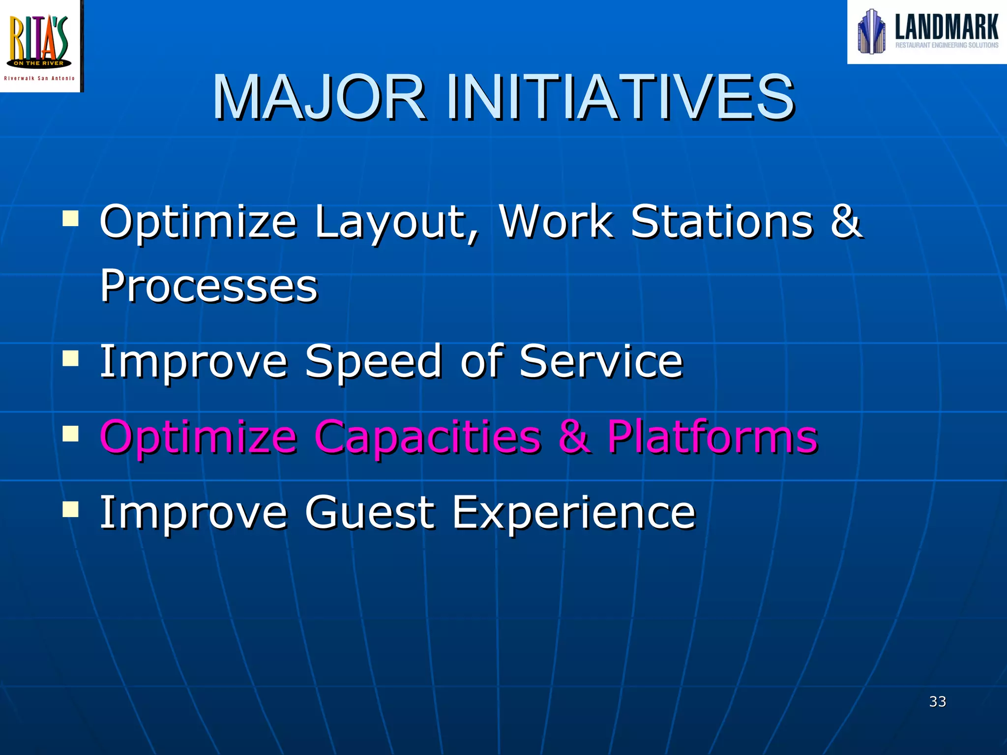 MAJOR INITIATIVES Optimize Layout, Work Stations & Processes Improve Speed of Service Optimize Capacities & Platforms Improve Guest Experience 