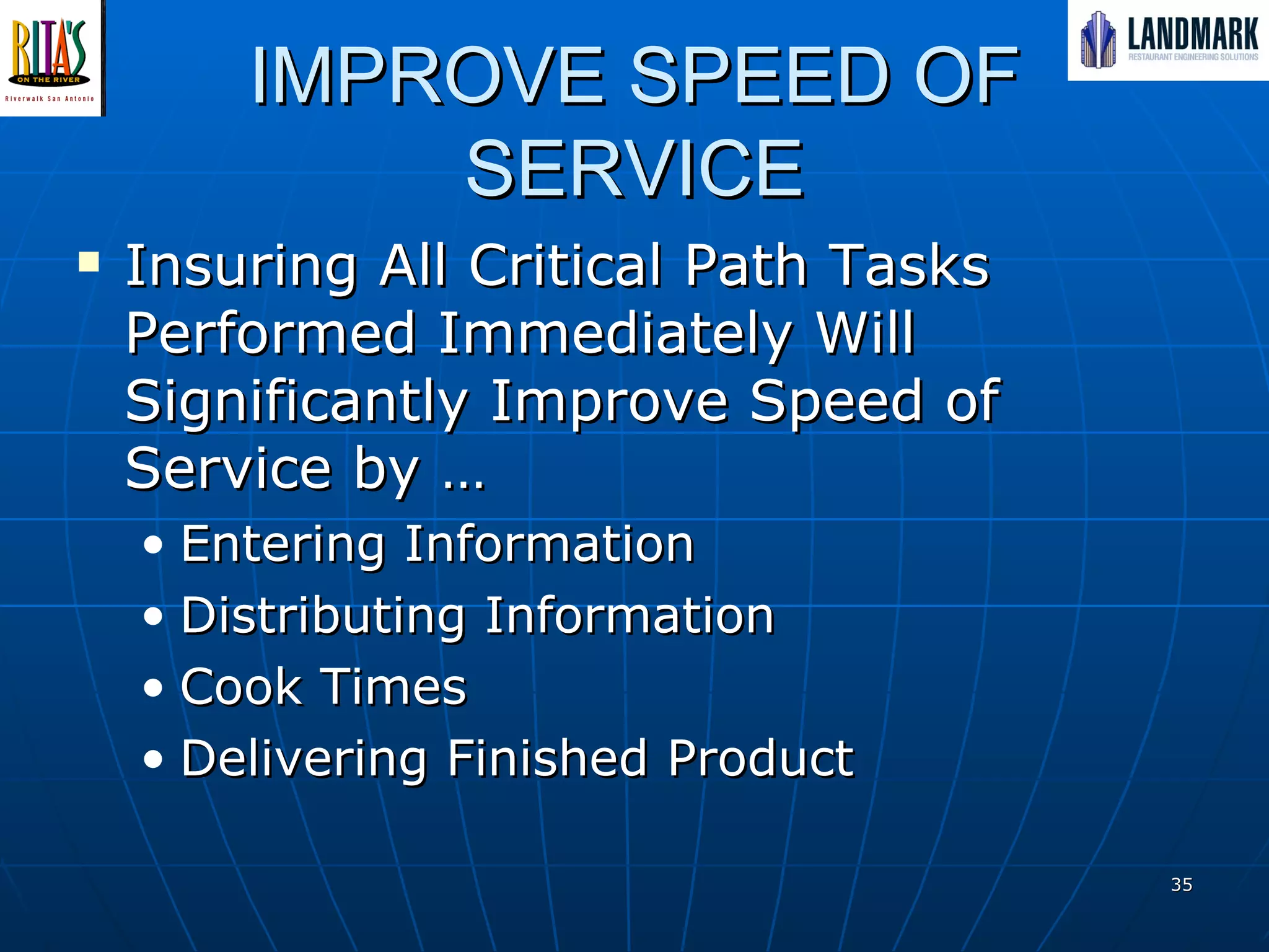 IMPROVE SPEED OF SERVICE Insuring All Critical Path Tasks Performed Immediately Will Significantly Improve Speed of Service by … Entering Information Distributing Information Cook Times Delivering Finished Product 