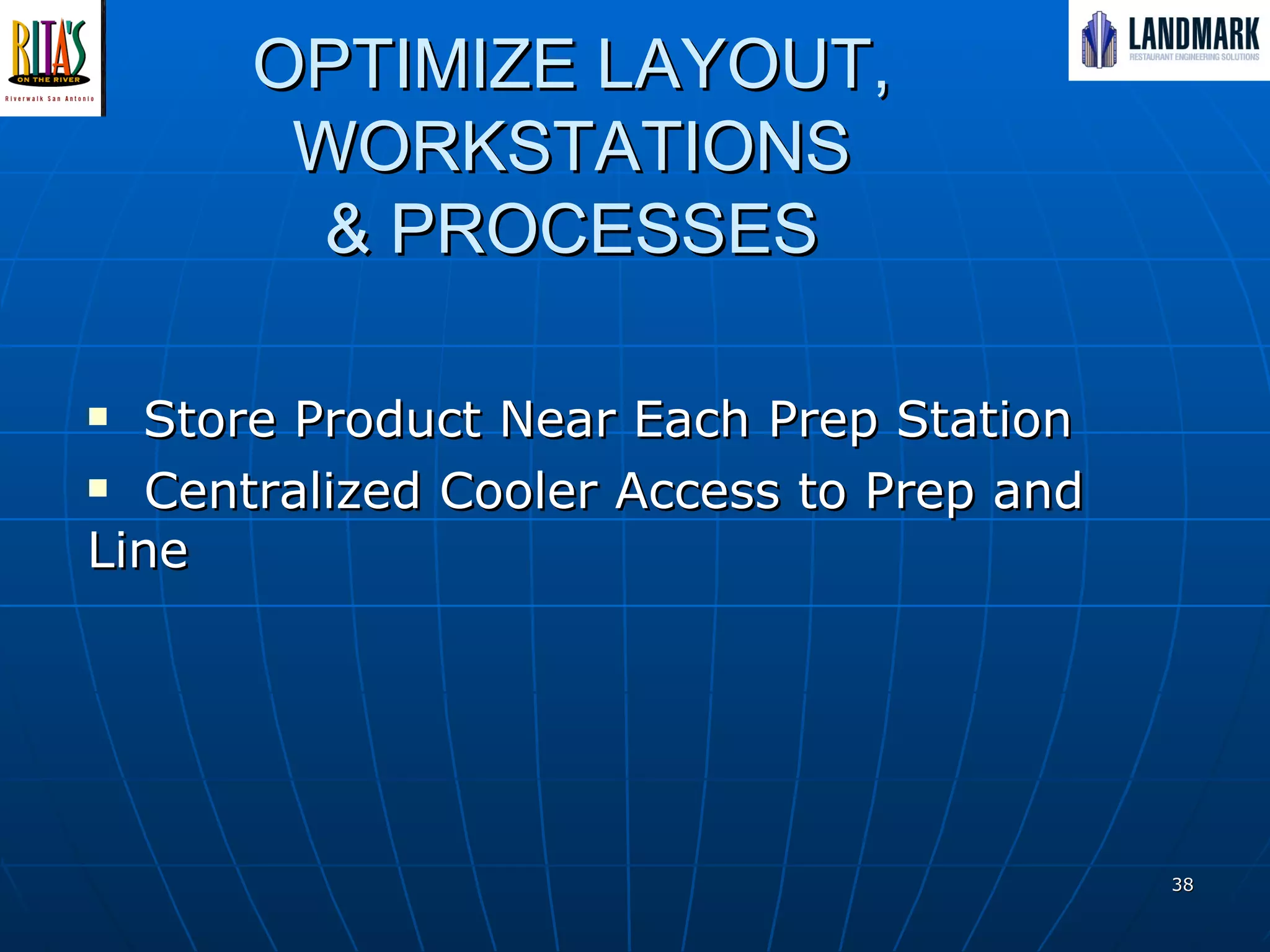 Store Product Near Each Prep Station  Centralized Cooler Access to Prep and Line OPTIMIZE LAYOUT, WORKSTATIONS & PROCESSES 