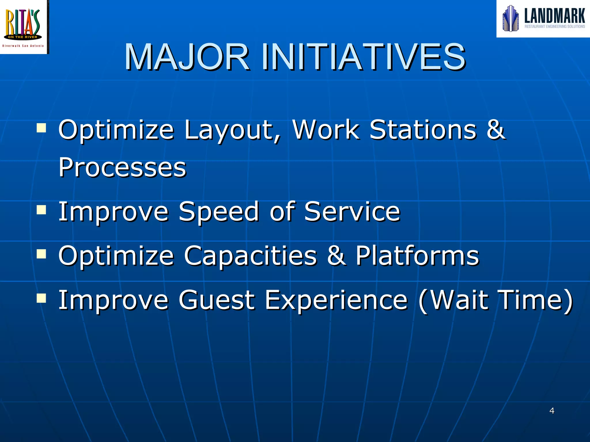 MAJOR INITIATIVES Optimize Layout, Work Stations & Processes Improve Speed of Service Optimize Capacities & Platforms Improve Guest Experience (Wait Time) 