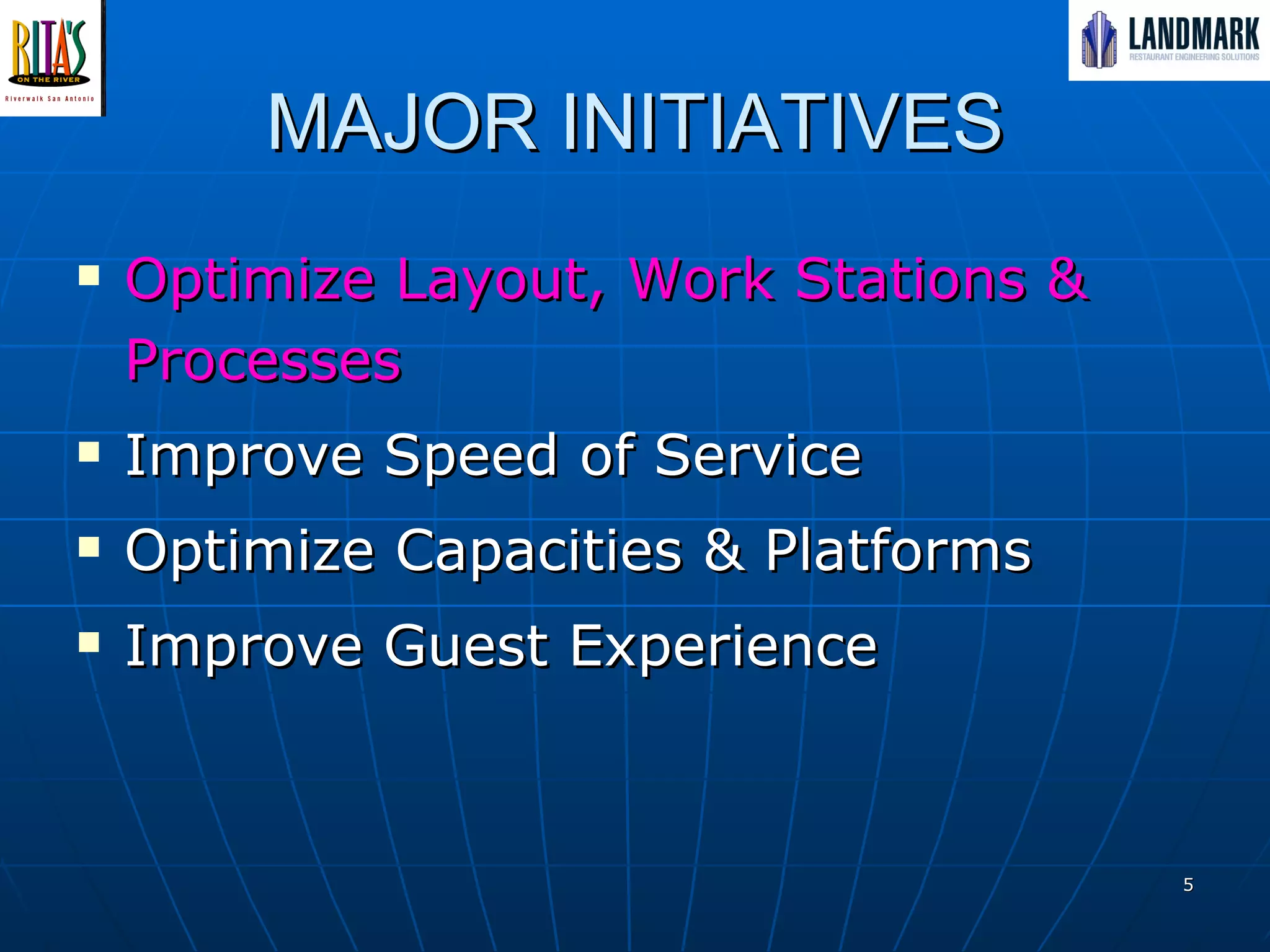 MAJOR INITIATIVES Optimize Layout, Work Stations & Processes Improve Speed of Service Optimize Capacities & Platforms  Improve Guest Experience 