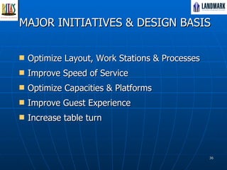MAJOR INITIATIVES & DESIGN BASIS Optimize Layout, Work Stations & Processes Improve Speed of Service Optimize Capacities & Platforms Improve Guest Experience Increase table turn 