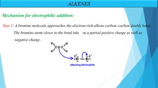 ALKENES
Mechanism for electrophilic addition:
Step 1: A bromine molecule approaches the electron-rich alkene carbon–carbon double bond.
The bromine atom closer to the bond takes on a partial positive charge as well as
negative charge.
 