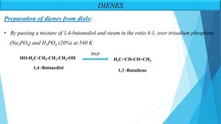 • By passing a mixture of 1,4-butanediol and steam in the ratio 4:1, over trisodium phosphate
(Na3PO4) and H3PO4 (20%) at 540 K
Preparation of dienes from diols:
HO-H2C-CH2-CH2-CH2-OH H2C=CH-CH=CH2
-2H2O
1,4 -Butanediol
1,3 -Butadiene
DIENES
 