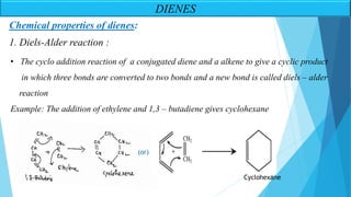 • The cyclo addition reaction of a conjugated diene and a alkene to give a cyclic product
in which three bonds are converted to two bonds and a new bond is called diels – alder
reaction
Example: The addition of ethylene and 1,3 – butadiene gives cyclohexane
Chemical properties of dienes:
1. Diels-Alder reaction :
DIENES
Cyclohexane
(or)
 