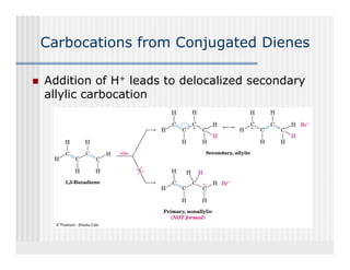 Carbocations from Conjugated Dienes
                     j g

Addition of H+ leads to delocalized secondary
allylic carbocation
 