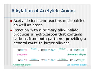 Alkylation of Acetylide Anions

Acetylide ions can react as nucleophiles
as well as bases
Reaction with a primary alkyl halide
                p      y    y
produces a hydrocarbon that contains
carbons from both partners, providing a
general route to larger alkynes
 