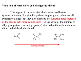 Variation of rates when you change the alkene
This applies to unsymmetrical alkenes as well as to
symmetrical ones. For simplicity the examples given below are all
symmetrical ones- but they don’t have to be. Reaction rates increase
as the alkene gets more complicated – in the sense of the number of
alkyl groups (such as methyl groups) attached to the carbon atoms at
either end of the double bond.
 