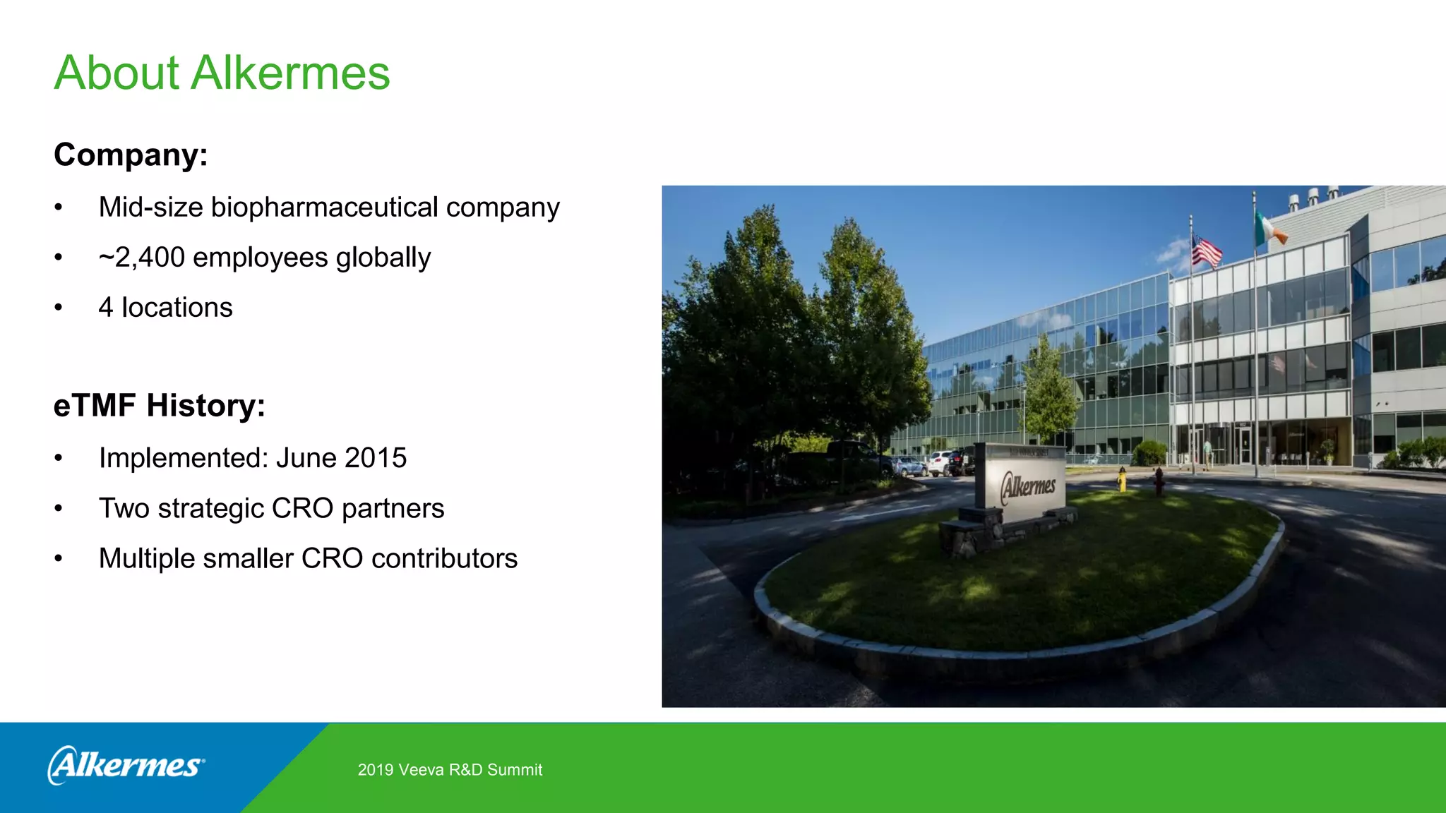 About Alkermes
Company:
• Mid-size biopharmaceutical company
• ~2,400 employees globally
• 4 locations
eTMF History:
• Implemented: June 2015
• Two strategic CRO partners
• Multiple smaller CRO contributors
2019 Veeva R&D Summit
 
