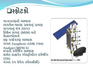 સ્ફોટકો
િાતાિરણનો અભ્યાસ
લાયમેન-આલ્ર્ફા પ્રકાશનું પ્રમાણ
માપિાનું યંત્ર (લાપ)
વમથેન મંગળ (MSM) માટે
સેન્સરએલામભ
કણ પયાભિરણ અભ્યાસ
મંગળ Exospheric તટસ્થ રચના
Analyser (MENCA)
સપાટી ઇમેજજિંગ અભ્યાસ
થમભલ ઇન્રારેર્ સ્પેકરોમીટર ઇમેજીંગ
(TIS)
મંગળ રંગ કેમેરા (એમસીસી)
 