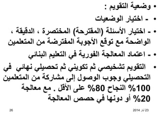 23
‫أيار‬
2014
26
•
‫التقويم‬ ‫وضعية‬
:
•
-
‫الوضعيات‬ ‫اختيار‬
•
-
‫األسئلة‬ ‫اختيار‬
(
‫المقترحة‬
)
، ‫الدقيقة‬ ، ‫المختصرة‬
‫الواضحة‬
‫ا‬ ‫توقع‬ ‫مع‬
‫المتعلمين‬ ‫من‬ ‫المفترضة‬ ‫ألجوبة‬
•
-
‫البنائي‬ ‫التعليم‬ ‫في‬ ‫الفورية‬ ‫المعالجة‬ ‫اعتماد‬
•
‫في‬ ‫نهائي‬ ‫تحصيلي‬ ‫ثم‬ ‫تكويني‬ ‫ثم‬ ‫تشخيصي‬ ‫التقويم‬
‫المتعلمين‬ ‫من‬ ‫مشاركة‬ ‫إلى‬ ‫الوصول‬ ‫وجوب‬ ‫التحصيلي‬
100
%
‫النجاح‬
80
%
‫األقل‬ ‫على‬
.
‫معالجة‬ ‫مع‬
20
%
‫المعالجة‬ ‫حصص‬ ‫في‬ ‫دونها‬ ‫أو‬
 