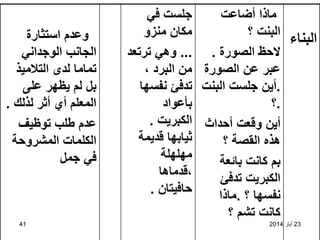 23
‫أيار‬
2014
41
‫البناء‬
‫أضاعت‬ ‫ماذا‬
‫؟‬ ‫البنت‬
‫الصورة‬ ‫الحظ‬
.
‫الصورة‬ ‫عن‬ ‫عبر‬
.
‫البنت‬ ‫جلست‬ ‫أين‬
.
‫؟‬
‫أحداث‬ ‫وقعت‬ ‫أين‬
‫؟‬ ‫القصة‬ ‫هذه‬
‫بائعة‬ ‫كانت‬ ‫بم‬
‫تدفئ‬ ‫الكبريت‬
‫؟‬ ‫نفسها‬
.
‫ماذا‬
‫؟‬ ‫تشم‬ ‫كانت‬
‫في‬ ‫جلست‬
‫منزو‬ ‫مكان‬
...
‫ترتعد‬ ‫وهي‬
، ‫البرد‬ ‫من‬
‫نفسها‬ ‫تدفئ‬
‫بأعواد‬
‫الكبريت‬
.
‫قديمة‬ ‫ثيابها‬
‫مهلهلة‬
‫قدماها‬،
‫حافيتان‬
.
‫استثارة‬ ‫وعدم‬
‫الوجداني‬ ‫الجانب‬
‫التالميذ‬ ‫لدى‬ ‫تماما‬
‫على‬ ‫يظهر‬ ‫لم‬ ‫بل‬
‫لذلك‬ ‫أثر‬ ‫أي‬ ‫المعلم‬
.
‫توظيف‬ ‫طلب‬ ‫عدم‬
‫المشروحة‬ ‫الكلمات‬
‫جمل‬ ‫في‬
 