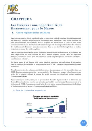C HAPITRE 5
Les Sukuks : une opportunité de
financement pour le Maroc
 I.    Cadre réglementaire au Maroc

La structuration d’un Sukuk requiert la mise en place d’un véhicule juridique d’investissement ad
hoc. Les actifs tangibles à l’opération de financement sont transférés à cette entité juridique qui
émet en contrepartie, des certificats Sukuks au profit des investisseurs. Il s’agit, en effet, d’une
opération de titrisation. Habituellement cette technique est utilisée pour transférer des créances
des établissements financiers à des investisseurs. Dans le cas des Sukuks l’opération se réalise,
obligatoirement, sur des actifs tangibles.

L’entité juridique de titrisation prend différentes nomenclatures en fonction de la juridiction. En
droit anglo-saxon on parle souvent de SPV : Special Purpose Vehicle. Dans la législation
française, le véhicule utilisé peut être une SEP -société en participation- voir même une SNC –
société en nom collectif -.

Le Maroc quant à lui, dispose d’un cadre législatif spécifique aux opérations de titrisation.
L’entité juridique de titrisation la plus commune est le FCPT : Fonds de Placements Collectifs en
Titrisation.

Actuellement seules les créances des établissements financiers peuvent être accueillies dans un
FCPT. Le gouvernement marocain, via son ministère des finances, a préparé très récemment, un
projet de loi visant à élargir le champ des actifs pouvant être titrisés et rendant possible
l’émission des Sukuks.

Nous commençons cette partie par la présentation du cadre légal actuel de la titrisation au
Maroc. Nous attacherons, ensuite, une attention particulière au véhicule juridique marocain de la
titrisation, le FCPT. Nous analyserons à la fin de cette partie le projet d’amendement de la loi de
la titrisation qui ouvre la voie à l’émission des Sukuks au Maroc.

   1. Lois de titrisation marocaine




                     F IGURE 47 : E VOLUTION DES ENCOURS DES FONDS DE TITRISATION AU M AROC


                                                                                                       99
 