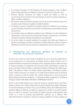     La croissance économique et le développement des marchés émergents en Asie, au Moyen-
     Orient et ailleurs permettront de dépasser la croissance record de 6.4% constatée en 2011.
    Plusieurs émissions souveraines ont intégré le marché des Sukuks en 2012, les
     gouvernements devront continuer à lever des fonds pour soutenir la croissance économique et
     pallier aux déficits budgétaires.
    De nouveaux acteurs des marchés émergents ainsi que de nouveaux émetteurs de pays non-
     musulmans sont attendus pour exploiter le marché des Sukuks.
    La demande croissante, la popularité des produits conformes à la Shari'ah et les structures
     post-crise financière constitueront une base forte de la demande pour que les Sukuks puissent
     aller de l'avant.
    Les initiatives prises par différentes juridictions dans l'élaboration de cadres législatifs et
     réglementaires, visant à attirer des investissements étrangers, permettraient à ces nouveaux
     investisseurs d'explorer l'industrie des Sukuks pour la première fois.
    Un certain nombre de nouvelles juridictions ont manifesté leur intérêt pour l'émission de
     Sukuks, comme l'Egypte, la Tunisie, le Sénégal et le Nigeria tandis que la France, le Japon et
     Hong Kong continuent à faire des incursions de réglementation pour les émissions futures.




V.       Distribution des Émissions globales                                  de   Sukuks         en
         fonction du statut de l’émetteur


La crise a mis en avant un certain nombre de problèmes tels que les droits de propriété dans le
cas de non-paiement ou de restructuration des Sukuks. Durant la période d’avant la crise, le
marché des Sukuks était porté par les entreprises privées. Cependant, depuis le début de la crise,
les émissions corporates, et en particulier celles des pays du CCG, étaient faibles en nombre. On
peut citer le Sukuk de Dar Al Arkan’s à 450 millions de dollars, le Sukuk de Abu Dhabi Islamic
Bank à 750 millions de dollars et le Sukuk de Qatar Islamic Bank à 750 millions de dollars.
L’autre tendance intéressante est l'arrivée sur le marché d'acteurs faisant partie de l’économie
stable et croissante de l’Asie du Sud-Est. Des nouvelles émissions ont vu le jour telles que le
Sukuk de Khazanah Nasional’s Singapore à 1.5 milliards de dollars singapourien et le Sukuk de
la banque nationale d’Abu Dhabi à 500 millions de RM (Ringgit malaisien).

Suite à la crise de 2008, l’appétit pour le risque des corporates, notamment dans la zone CCG a
largement diminué. Ceci a impacté négativement les encours d’émissions de Sukuks. Néanmoins,
les émissions de Sukuks souverains, tels que ceux du Bahreïn, Qatar, Ras Al Khaimah (E.A.U),
Indonésie, Malaisie et Pakistan, ont apporté un support pour ce marché et ont permis de garder
intact son rythme de croissance. Les émissions de Sukuks souverains (quasi-souverains dans
certain cas à cause de garanties gouvernementales implicites) par la Malaisie, l’IFC
(International Finance Corporation ; Groupe de la banque mondiale) et la banque islamique de


                                                                                                       14
 