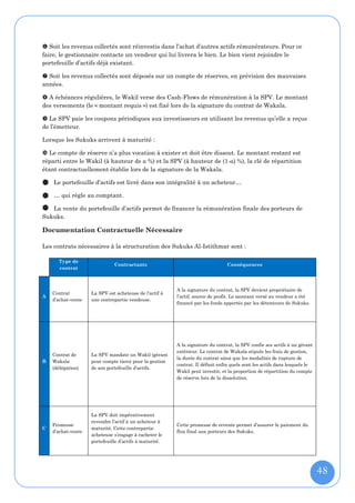  Soit les revenus collectés sont réinvestis dans l’achat d’autres actifs rémunérateurs. Pour ce
faire, le gestionnaire contacte un vendeur qui lui livrera le bien. Le bien vient rejoindre le
portefeuille d’actifs déjà existant.

 Soit les revenus collectés sont déposés sur un compte de réserves, en prévision des mauvaises
années.

 A échéances régulières, le Wakil verse des Cash-Flows de rémunération à la SPV. Le montant
des versements (le « montant requis ») est fixé lors de la signature du contrat de Wakala.

 La SPV paie les coupons périodiques aux investisseurs en utilisant les revenus qu’elle a reçus
de l’émetteur.

Lorsque les Sukuks arrivent à maturité :

 Le compte de réserve n’a plus vocation à exister et doit être dissout. Le montant restant est
réparti entre le Wakil (à hauteur de α %) et la SPV (à hauteur de (1-α) %), la clé de répartition
étant contractuellement établie lors de la signature de la Wakala.

11   Le portefeuille d’actifs est livré dans son intégralité à un acheteur…

12   … qui règle au comptant.
13
   La vente du portefeuille d’actifs permet de financer la rémunération finale des porteurs de
Sukuks.

Documentation Contractuelle Nécessaire

Les contrats nécessaires à la structuration des Sukuks Al-Istithmar sont :

       Type de
                               Contractants                                      Conséquences
       contrat



                                                          A la signature du contrat, la SPV devient propriétaire de
     Contrat         La SPV est acheteuse de l’actif à
A                                                         l’actif, source de profit. Le montant versé au vendeur a été
     d’achat-vente   une contrepartie vendeuse.
                                                          financé par les fonds apportés par les détenteurs de Sukuks.




                                                          A la signature du contrat, la SPV confie ses actifs à un gérant
                                                          extérieur. Le contrat de Wakala stipule les frais de gestion,
     Contrat de      La SPV mandate un Wakil (gérant
                                                          la durée du contrat ainsi que les modalités de rupture de
B    Wakala          pour compte tiers) pour la gestion
                                                          contrat. Il définit enfin quels sont les actifs dans lesquels le
     (délégation)    de son portefeuille d’actifs.
                                                          Wakil peut investir, et la proportion de répartition du compte
                                                          de réserve lors de la dissolution.




                     La SPV doit impérativement
                     revendre l’actif à un acheteur à
     Promesse                                             Cette promesse de revente permet d’assurer le paiement du
C                    maturité. Cette contrepartie
     d’achat-vente                                        flux final aux porteurs des Sukuks.
                     acheteuse s’engage à racheter le
                     portefeuille d’actifs à maturité.




                                                                                                                             48
 