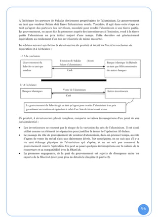 A l’échéance les porteurs de Sukuks deviennent propriétaires de l’aluminium. Le gouvernement
en tant que vendeur Salam doit livrer l’aluminium vendu. Toutefois, il agit dans cette étape en
tant qu’agent des porteurs des certificats, mandaté pour vendre l’aluminium à une tierce partie.
Le gouvernement, en ayant fait la promesse auprès des investisseurs à l’émission, vend à la tierce
partie l’aluminium au prix initial majoré d’une marge. Cette dernière est généralement
équivalente au rendement d’un bon de trésorerie de même maturité.

Le schéma suivant synthétise la structuration du produit et décrit les flux à la conclusion de
l’opération et à l’échéance :

    1/ A la conclusion
                                        Emission de Sukuks       (Vente
      Gouvernement du                                                             Banque islamique du Bahreïn
                                        Salam d’aluminium)
      Bahreïn en tant que                                                         en tant que fidéicommissaire
      vendeur                                 Cash                                des autres banques



2/ A l’échéance

     Banques islamiques                   Vente de l'aluminium                    Autres investisseurs
                                             Cash


         Le gouvernement du Bahreïn agit en tant qu’agent pour vendre l’aluminium à un prix
         garantissant un rendement équivalent à celui d’un bon de trésor court terme


Ce produit, à structuration plutôt complexe, comporte certaines interrogations d’un point de vue
jurisprudentiel :

      Les investisseurs ne courent pas le risque de la variation du prix de l’aluminium. Il est ainsi
       utilisé comme un élément de séparation pour justifier la tenue de l’opération Al-Salam.
      Le passage du rôle de gouvernement de vendeur d’aluminium, dans un premier temps, au rôle
       d’agent de vente du métal n’est pas clairement décrit. Par conséquent, on ne sait pas s’il y a
       un vrai échange physique de l’aluminium qui s’opère, et on ne sait pas comment le
       gouvernement couvre l’opération. On peut se poser quelques interrogations sur la nature de la
       couverture et sa compatibilité avec la Shari’ah.
      La promesse engageante, de la part du gouvernement est sujette de divergence entre les
       experts de la Shari’ah (voir pour plus de détails le chapitre 3, partie 2).




                                                                                                                 96
 