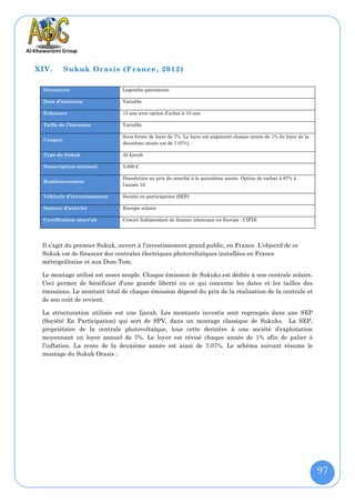 XIV.      Sukuk Orasis (France, 2012)

 Structurer                   Legendre patrimoine

 Date d’émission              Variable

 Échéance                     15 ans avec option d’achat à 10 ans

 Taille de l’émission         Variable

                              Sous forme de loyer de 7%. Le loyer est augmenté chaque année de 1% (le loyer de la
 Coupon
                              deuxième année est de 7.07%)

 Type de Sukuk                Al-Ijarah

 Souscription minimal         5.000 €

                              Dissolution au prix du marché à la quinzième année. Option de rachat à 87% à
 Remboursement
                              l’année 10.

 Véhicule d’investissement    Société en participation (SEP)

 Secteur d’activité           Energie solaire

 Certification shari’ah       Comité Indépendant de finance islamique en Europe : CIFIE




 Il s’agit du premier Sukuk, ouvert à l’investissement grand public, en France. L’objectif de ce
 Sukuk est de financer des centrales électriques photovoltaïques installées en France
 métropolitaine et aux Dom-Tom.

 Le montage utilisé est assez souple. Chaque émission de Sukuks est dédiée à une centrale solaire.
 Ceci permet de bénéficier d’une grande liberté en ce qui concerne les dates et les tailles des
 émissions. Le montant total de chaque émission dépend du prix de la réalisation de la centrale et
 de son coût de revient.

 La structuration utilisée est une Ijarah. Les montants investis sont regroupés dans une SEP
 (Société En Participation) qui sert de SPV, dans un montage classique de Sukuks. La SEP,
 propriétaire de la centrale photovoltaïque, loue cette dernière à une société d’exploitation
 moyennant un loyer annuel de 7%. Le loyer est révisé chaque année de 1% afin de palier à
 l’inflation. La rente de la deuxième année est ainsi de 7.07%. Le schéma suivant résume le
 montage du Sukuk Orasis :




                                                                                                                    97
 