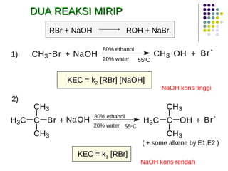 DUA REAKSI MIRIP 1) 2) ( + some alkene by E1,E2 ) 55 o C 55 o C NaOH kons tinggi NaOH kons rendah KEC = k 2  [RBr] [NaOH] KEC = k 1  [RBr] RBr + NaOH  ROH + NaBr 
