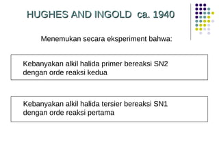 Menemukan secara eksperiment bahwa: HUGHES AND INGOLD  ca. 1940 Kebanyakan alkil halida primer bereaksi SN2  dengan orde reaksi kedua Kebanyakan alkil halida tersier bereaksi SN1  dengan orde reaksi pertama 
