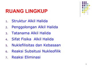 RUANG LINGKUP Struktur Alkil Halida Penggolongan Alkil Halida Tatanama Alkil Halida Sifat Fisika  Alkil Halida Nuklefilisitas dan Kebasaan Reaksi Subsitusi Nukleofilik Reaksi Eliminasi 