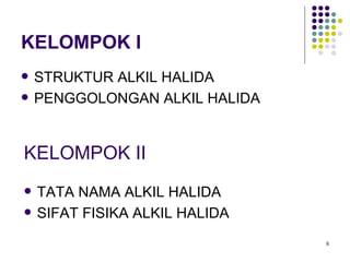 KELOMPOK I STRUKTUR ALKIL HALIDA PENGGOLONGAN ALKIL HALIDA KELOMPOK II TATA NAMA ALKIL HALIDA SIFAT FISIKA ALKIL HALIDA 