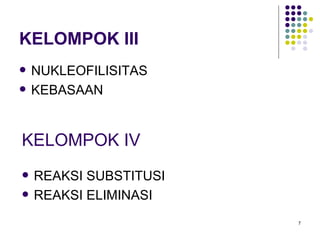 KELOMPOK III NUKLEOFILISITAS  KEBASAAN KELOMPOK IV REAKSI SUBSTITUSI REAKSI ELIMINASI 
