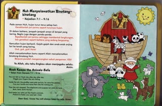 Nuhllenyelanatkan
                             Binatang-
             binatang                                                #J
             . Keiodion :'l- 9:16
                      7                                          tEl'r.,
                                                                  YJ

Podozomon Nuh, huion lurun terussetiophori.
    Gerokkonlohjori-iorimuseperfiturunnyo huian.
Di dolom bohtero,ieropoh-ieropoh  omon di tempotyong
kering.Begituiugo dengon pondo-pondo.
     Ropotkonloh iori-iorimusehinggo membentukrengkungon,
     lolu gerokkonseperfi bohtersyong sedong bergoyorg.
Kemudionhuion berhenti.Goloh-goiohdqn onok-onokonling
lori ke tonoh yong kering.
      Guk, guk, guk! Hore!
Alloh menyelomotkon
b i n o ton g - b in o tong
         Berpuro-puroloh
                            komu seperfi
                          Nuh.
                                       Alloh menyelomotkon

                            mengencongkon
                                                                           &
                                          sobuk pengomon.Ktikl
    Yo Alloh, oku tohu Engkou qkqn meniogoku selolu.
                                                       Amin.
NoahKeepsthe Animals
                   6afe
. Tokenfrom Genesis - 9:16
                  7:l




         Deor God, I know Youwill olwoys
 