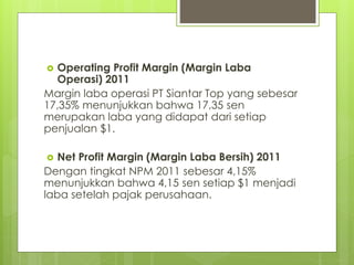  Operating Profit Margin (Margin Laba 
Operasi) 2011 
Margin laba operasi PT Siantar Top yang sebesar 
17,35% menunjukkan bahwa 17,35 sen 
merupakan laba yang didapat dari setiap 
penjualan $1. 
 Net Profit Margin (Margin Laba Bersih) 2011 
Dengan tingkat NPM 2011 sebesar 4,15% 
menunjukkan bahwa 4,15 sen setiap $1 menjadi 
laba setelah pajak perusahaan. 
 