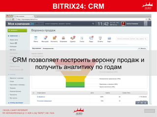 BITRIX24: CRM
CRM позволяет построить воронку продаж и
получить аналитику по годам
 