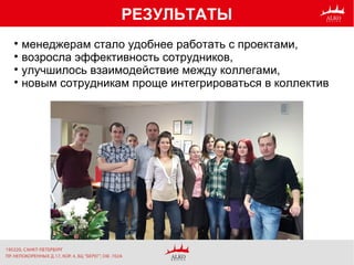 РЕЗУЛЬТАТЫ

менеджерам стало удобнее работать с проектами,

возросла эффективность сотрудников,

улучшилось взаимодействие между коллегами,

новым сотрудникам проще интегрироваться в коллектив
 