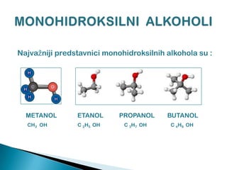 Najvažniji predstavnici monohidroksilnih alkohola su :
METANOL ETANOL PROPANOL BUTANOL
CH3 OH C 2H5 OH C 3H7 OH C 4H9 OH
 