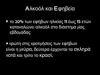 ΑΑλκοόλ καιλκοόλ και ΕΕφηβείαφηβεία
• 20το % των εφήβων ηλικίας 11 έως 15 ετών
μ μκαταναλώνει αλκοόλ στο διάστη α ίας
μεβδο άδας
• πρώτη στις π μροτι ήσεις των εφήβων
είναι η μπύρα, δεύτερα έρχονται τα σκληρά
ποτά και τρίτο το .κρασί
 