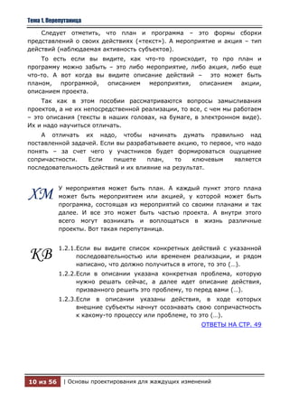 Тема 1. Перепутаница

    Следует отметить, что план и программа – это формы сборки
представлений о своих действиях («текст»). А мероприятие и акция – тип
действий (наблюдаемая активность субъектов).
    То есть если вы видите, как что-то происходит, то про план и
программу можно забыть – это либо мероприятие, либо акция, либо еще
что-то. А вот когда вы видите описание действий – это может быть
планом,   программой,  описанием   мероприятия,  описанием    акции,
описанием проекта.
    Так как в этом пособии рассматриваются вопросы замысливания
проектов, а не их непосредственной реализации, то все, с чем мы работаем
– это описания (тексты в наших головах, на бумаге, в электронном виде).
Их и надо научиться отличать.
    А отличать их надо, чтобы начинать думать правильно над
поставленной задачей. Если вы разрабатываете акцию, то первое, что надо
понять – за счет чего у участников будет формироваться ощущение
сопричастности.   Если    пишете    план,    то   ключевым     является
последовательность действий и их влияние на результат.


           У мероприятия может быть план. А каждый пункт этого плана
ХМ         может быть мероприятием или акцией, у которой может быть
           программа, состоящая из мероприятий со своими планами и так
           далее. И все это может быть частью проекта. А внутри этого
           всего могут возникать и воплощаться в жизнь различные
           проекты. Вот такая перепутаница.


           1.2.1.Если вы видите список конкретных действий с указанной
КВ               последовательностью или временем реализации, и рядом
                 написано, что должно получиться в итоге, то это (…).
           1.2.2.Если в описании указана конкретная проблема, которую
                 нужно решать сейчас, а далее идет описание действия,
                 призванного решить это проблему, то перед вами (…).
           1.2.3.Если в описании указаны действия, в ходе которых
                 внешние субъекты начнут осознавать свою сопричастность
                 к какому-то процессу или проблеме, то это (…).
                                                       ОТВЕТЫ НА СТР. 49




10 из 56     | Основы проектирования для жаждущих изменений
 