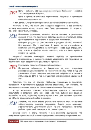 Тема 4. Элементы описания проекта

           Цель – собрать 100 килограммов игрушек. Результат – собрано
ПР         100 килограммов игрушек.
           Цель – провести школьное мероприятие. Результат – проведено
           школьное мероприятие.
    И так далее. Смотрим примеры в большинстве проектных описаний.
    Ловушка в том, что если цель выбрана корректно, а все элементы
проекта выполнены верно, то цель точно будет реализована. Но результат
при этом может быть нулевой.
           Повальное увлечение записью итогов проекта в результаты
ХМ         связано с тем, что при таком раскладе риск не отчитаться перед
           грантодателями, партнерами и обществом минимален.
           Обещали раздать 10 000 листовок и раздали 10 000 листовок.
           Все сделано. Мы – молодцы. А читал ли их кто-нибудь, и
           повлияло ли это действие на ситуацию – надо еще определять,
           что сложно и вообще может показать, что все было криво и
           никому не нужно.
    Результат проекта фиксирует именно переход от проблемного
будущего к желаемому, и нужно стремиться удерживать это понимание на
протяжении всей разработки и реализации проекта.
           Результаты проекта «Уютные зяброностры»:
ПР         Популяция зяброностр в Кукростане за счет домашнего
           разведения увеличивается не менее чем на 5000 голов в год. Это
           уменьшает общее снижение численности зяброностр в стране с
           20% в год до 18% в год и отодвигает экономический кризис на 5
           лет.
    Заметим, что мы не решили проблему, указанную в проектном
основании. И проблемное будущее скорее отдалилось, чем исчезло. Но
наш проект увеличил шансы на реализацию желаемого будущего.
    И тут возникает понятие эффективности проекта – отношения
результата к затратам. Если вам надо 100 тыс. рублей для решения
проблемы на 50%, а другому проекту нужен 1 млн. для решения проблемы
на 10%, то рациональный выбор очевиден.
           Заметим, что если вместо результата написан итог, то понятие
ХМ         эффективности проекта пропадает. Вместо него возникает
           эффективность достижения цели, но это показатель качества
           работы проектной команды, а не самого проекта.
    Скорее всего, к этому моменту у вас возникло ощущение, что
результаты проекта в этой логике определяются по факту его реализации.


34 из 56    | Основы проектирования для жаждущих изменений
 