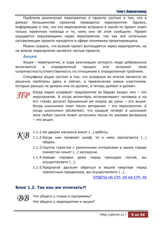 Тема 1. Перепутаница
    Проблема различения мероприятия и проекта состоит в том, что в
рамках   большинства   проектов   проводятся   мероприятия.   Однако,
информацию о том, что это мероприятие встроено в какой-то проект знает
только проектная команда и те, кому они об этом сообщили. Проект
ощущается окружающими через мероприятия, так как все остальные
составляющие проекта находятся в сфере понимания проектировщика.
    Можно сказать, что всякий проект воплощается через мероприятия, но
не всякое мероприятие является частью проекта.
    Акция
    Акция – мероприятие, в ходе реализации которого люди добровольно
включаются    в    определенный      процесс   или   осознают    свою
сопричастность/ответственность по отношению к определенной проблеме.
    Специфика акции состоит в том, что основным ее итогом является не
решение проблемы здесь и сейчас, а привлечение новых участников,
которые раньше не думали или не делали, а теперь думают и делают.
         Когда мэрия штрафует предприятия за бардак вокруг них – это
ПР       мероприятие. А когда волонтеры останавливают человека и на
         его глазах доносят брошенный им окурок до урны – это акция.
         Когда школьники поют песни ветеранам – это мероприятие. А
         когда школьники объявляют, что каждый четверг в школьном
         зале любая группа может исполнять песни по заказам ветеранов
         – это акция.


         1.1.1.На дверях магазина висит (…) работы.
КВ       1.1.2.Когда нам привозят шкаф, то к нему прилагается (…)
               сборки.
         1.1.3.Группа туристов с различными интересами в одном городе
               совместно пишет (…) экскурсии.
         1.1.4.Наводя порядок дома      перед    приходом      гостей,   вы
               осуществляете (…).
         1.1.5.Предлагая друзьям убраться в вашей квартире перед
               совместным праздником, вы осуществляете (…).
                                           ОТВЕТЫ НА СТР. 49 НА СТР. 49


Блок 1.2. Так как же отличать?!


ВВ       Что общего у плана и программы?
         Что общего у мероприятия и акции?


                                              http://alkron.ru |   9 из 56
 