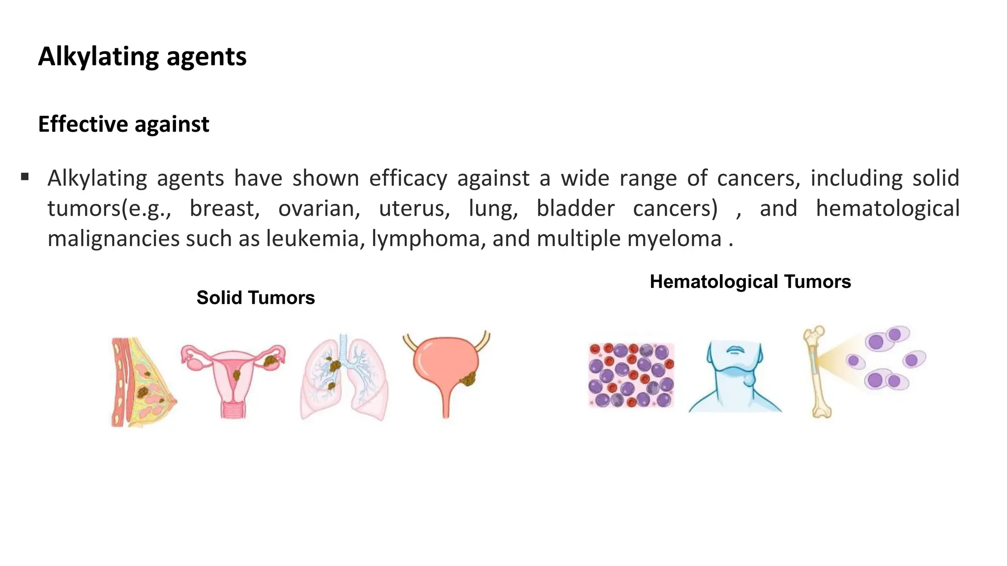 Alkylating agents
Effective against
▪ Alkylating agents have shown efficacy against a wide range of cancers, including solid
tumors(e.g., breast, ovarian, uterus, lung, bladder cancers) , and hematological
malignancies such as leukemia, lymphoma, and multiple myeloma .
Solid Tumors
Hematological Tumors
 