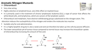 Aromatic Nitrogen Mustards
➢ Chlorambucil
▪ Very slow acting
▪ Highly selective on lymphoid tissue ,very little effect on myeloid tissue
▪ It is primarily used in the treatment of chronic lymphocytic leukemia (CLL), a type of cancer that affects the
white blood cells, and lymphomas, which are cancers of the lymphatic system.
▪ Chlorambucil and melphalan, have electron-withdrawing groups substituted on the nitrogen atom. This
alteration reduces the nucleophilicity of the nitrogen and renders the molecules less reactive
▪ Suitable only for oral administration.
▪ It is a highly lipophilic drug but is also a weak acid and can therefore be taken up into cells by passive diffusion.
▪ The lower extracellular pH of tumour tissue compared to normal tissue may increase the intracellular uptake
of chlorambucil by increasing the amount of free acid.
 