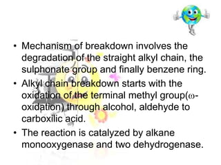 • Mechanism of breakdown involves the
degradation of the straight alkyl chain, the
sulphonate group and finally benzene ring.
• Alkyl chain breakdown starts with the
oxidation of the terminal methyl group( oxidation) through alcohol, aldehyde to
carboxilic acid.
• The reaction is catalyzed by alkane
monooxygenase and two dehydrogenase.

 