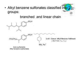 • Alkyl benzene sulfonates classified into 2
groups:
branched and linear chain

 