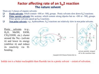 Factor affecting rate of an SN2 reaction
The nature solvent
There are 3 classes of organic solvents:
 Protic solvents, which contain –OH or –NH2 groups. Protic solvents slow down SN2 reactions.
 Polar aprotic solvents like acetone, which contain strong dipoles but no –OH or –NH2 groups.
Polar aprotic solvents speed up SN2 reactions.
 Non polar solvents, e.g., hydrocarbons. SN2 reactions are relatively slow in non polar solvents.
Protic solvents (e.g.,
H2O, MeOH, EtOH,
CH3COOH, etc.) cluster
around the Nu:- (solvate
it) and lower its energy
(stabilize it) and reduce
its reactivity via H-
bonding.
Iodide ion is a better nucleophile than fluoride ion in a protic solvent - extent of solvation.
 