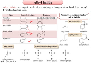 Alkyl halide
Primary, secondary, tertiary
alkyl halide
Alkyl halides are organic molecules containing a halogen atom bonded to an sp3
hybridized carbon atom.
sp2
sp2
sp3
 