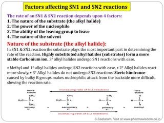 The rate of an SN1 & SN2 reaction depends upon 4 factors:
1. The nature of the substrate (the alkyl halide)
2. The power o...