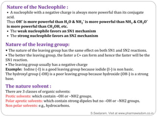 Nature of the leaving group:
• The nature of the leaving group has the same effect on both SN1 and SN2 reactions.
• The be...