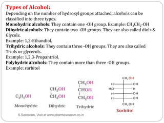 Types of Alcohol:
Depending on the number of hydroxyl groups attached, alcohols can be
classified into three types.
Monohy...