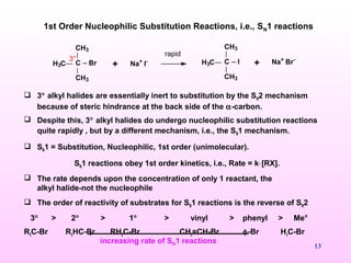 13
1st Order Nucleophilic Substitution Reactions, i.e., SN1 reactions
C
CH3
H3C
CH3
Br + Na+
I- C
CH3
H3C
CH3
I + Na+
Br-3°
rapid
 3° alkyl halides are essentially inert to substitution by the SN2 mechanism
because of steric hindrance at the back side of the α-carbon.
 Despite this, 3° alkyl halides do undergo nucleophilic substitution reactions
quite rapidly , but by a different mechanism, i.e., the SN1 mechanism.
 SN1 = Substitution, Nucleophilic, 1st order (unimolecular).
SN1 reactions obey 1st order kinetics, i.e., Rate = k⋅[RX].
 The rate depends upon the concentration of only 1 reactant, the
alkyl halide-not the nucleophile
 The order of reactivity of substrates for SN1 reactions is the reverse of SN2
3° > 2° > 1° > vinyl > phenyl > Me°
R3C-Br R2HC-Br RH2C-Br CH2=CH-Br φ-Br H3C-Br
increasing rate of SN1 reactions
 