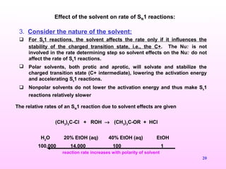 20
3. Consider the nature of the solvent:
 For SN
1 reactions, the solvent affects the rate only if it influences the
stability of the charged transition state, i.e., the C+. The Nu:-
is not
involved in the rate determining step so solvent effects on the Nu:-
do not
affect the rate of SN
1 reactions.
 Polar solvents, both protic and aprotic, will solvate and stabilize the
charged transition state (C+ intermediate), lowering the activation energy
and accelerating SN
1 reactions.
 Nonpolar solvents do not lower the activation energy and thus make SN
1
reactions relatively slower
Effect of the solvent on rate of SN1 reactions:
reaction rate increases with polarity of solvent
The relative rates of an SN
1 reaction due to solvent effects are given
(CH3
)3
C-Cl + ROH → (CH3
)3
C-OR + HCl
H2
O 20% EtOH (aq) 40% EtOH (aq) EtOH
100,000 14,000 100 1
 